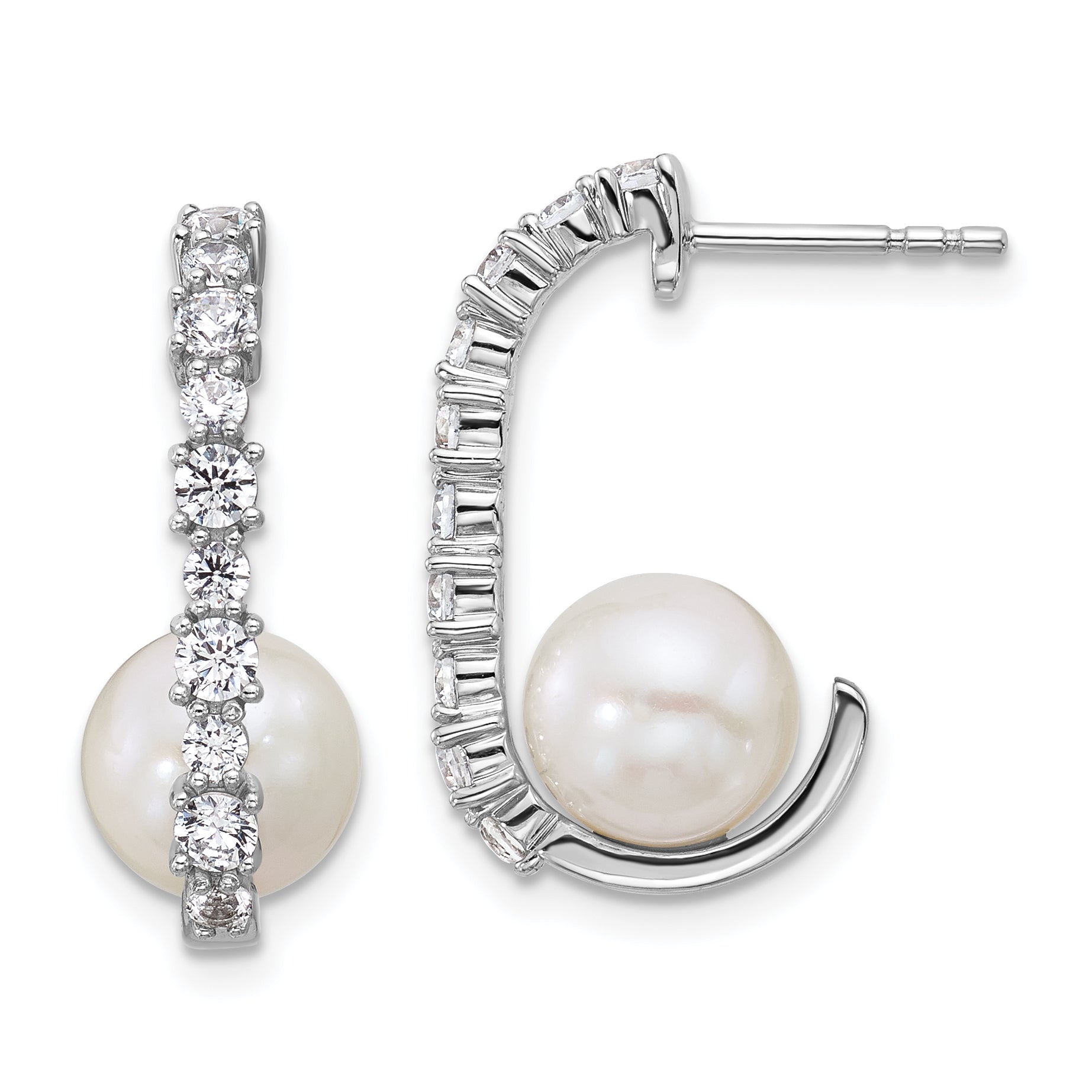 Sterling Silver Rhodium-plated Polished CZ and 7-8mm Round White Freshwater Cultured Pearl J-Hoop Post Earrings Main image