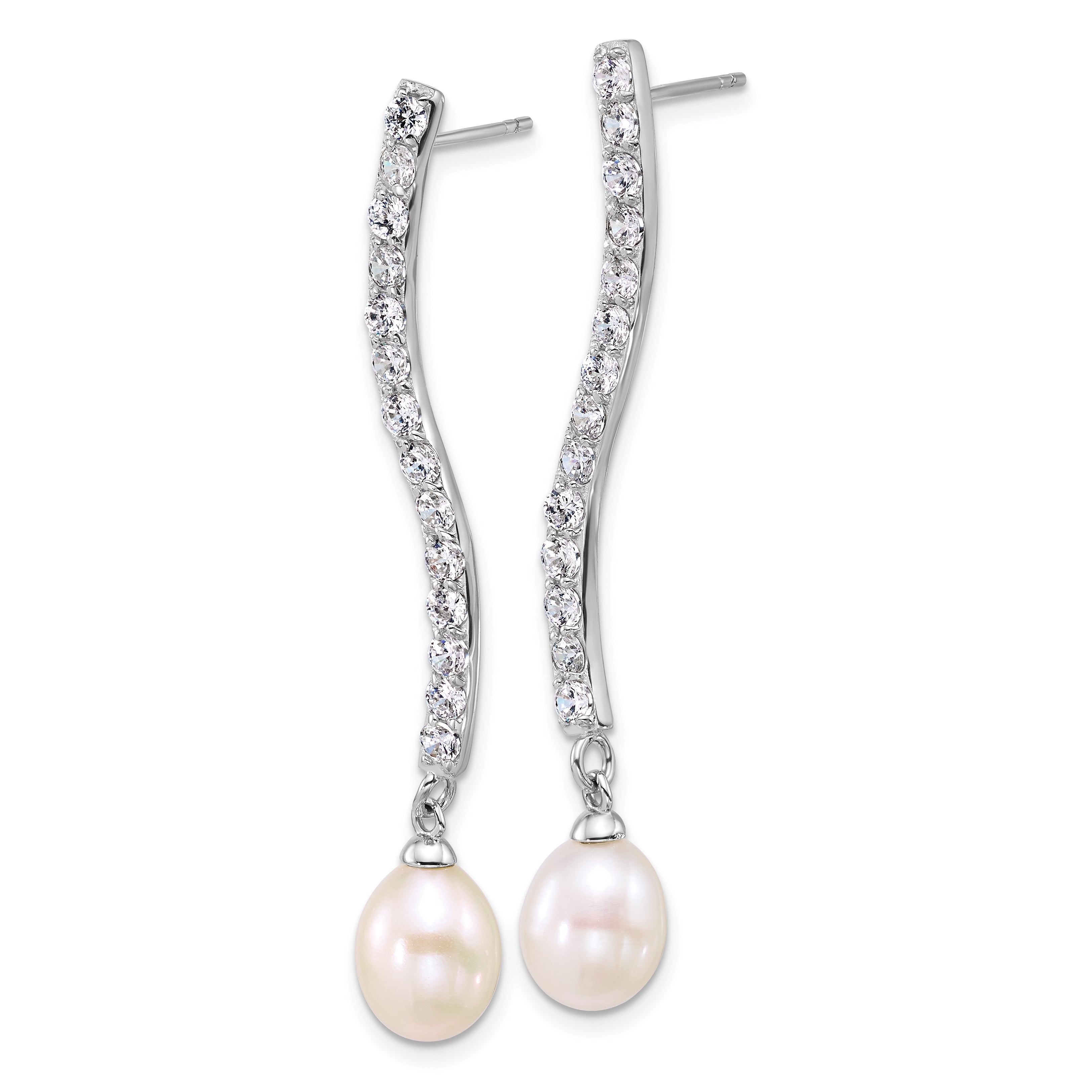 Sterling Silver Rhodium-plated 7-8mm Teardrop White Freshwater Cultured Pearl and CZ Dangle Post Earrings