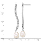 Sterling Silver Rhodium-plated 7-8mm Teardrop White Freshwater Cultured Pearl and CZ Dangle Post Earrings