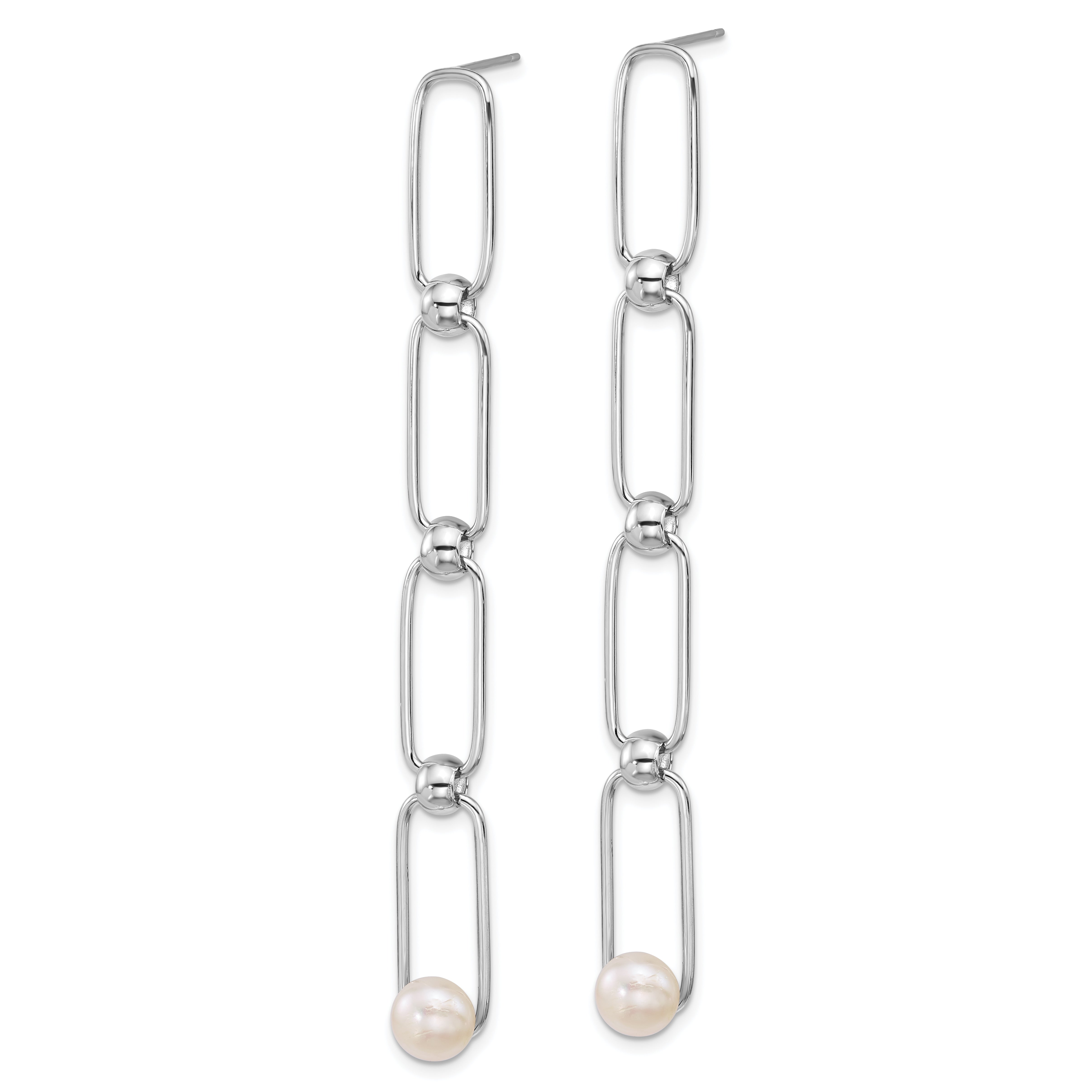 Sterling Silver Rhodium-plated 6-7mm Button White Freshwater Cultured Pearl and Bead Long Link Dangle Post Earrings