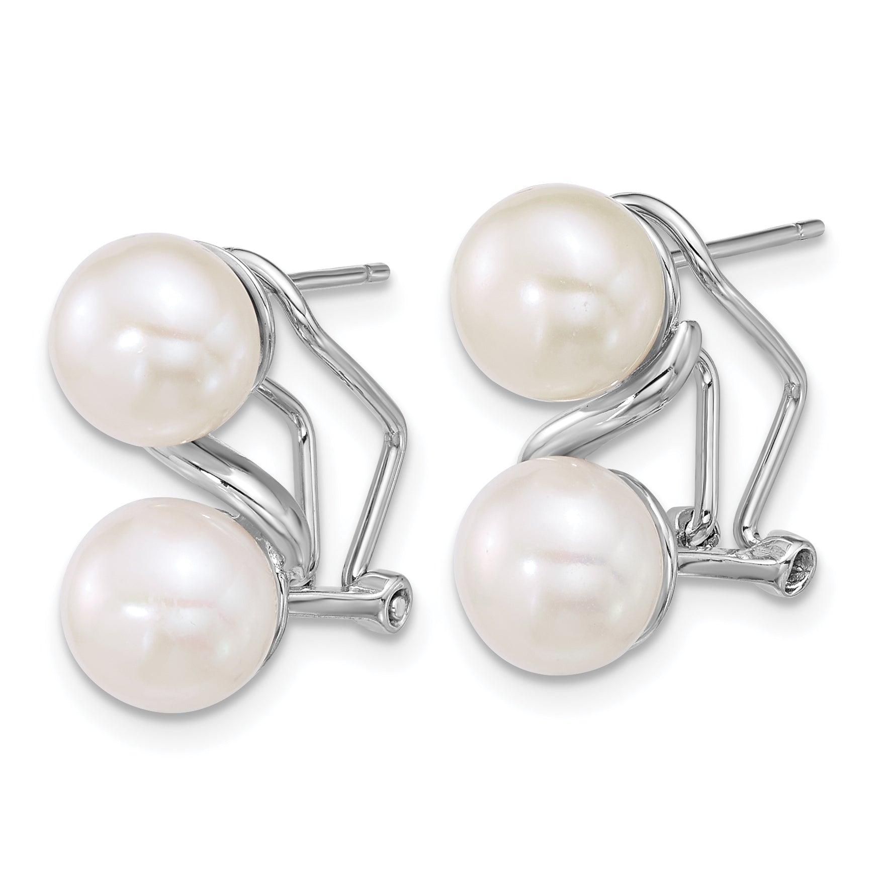 Sterling Silver Rhodium-plated 7-8mm Button White Freshwater Cultured 2-Pearl Omega Back Earrings Secondary image