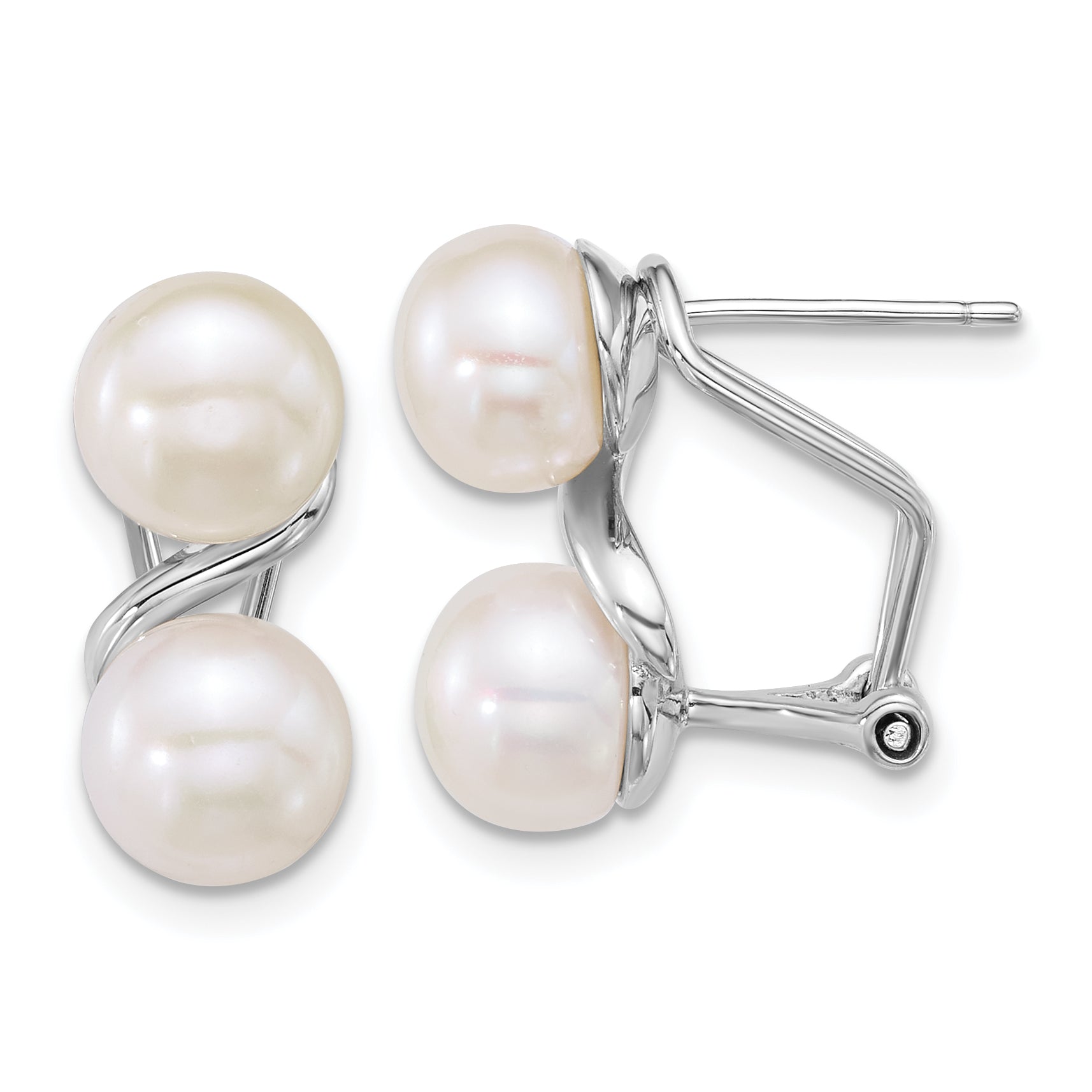 Sterling Silver Rhodium-plated 7-8mm Button White Freshwater Cultured 2-Pearl Omega Back Earrings