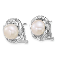Sterling Silver Rhodium-plated 9-10mm Button White Freshwater Cultured Pearl and CZ Omega Back Earrings