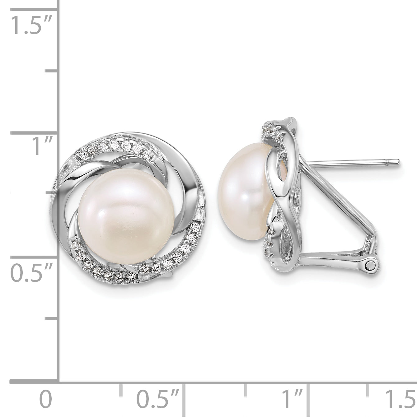 Sterling Silver Rhodium-plated 9-10mm Button White Freshwater Cultured Pearl and CZ Omega Back Earrings Secondary image