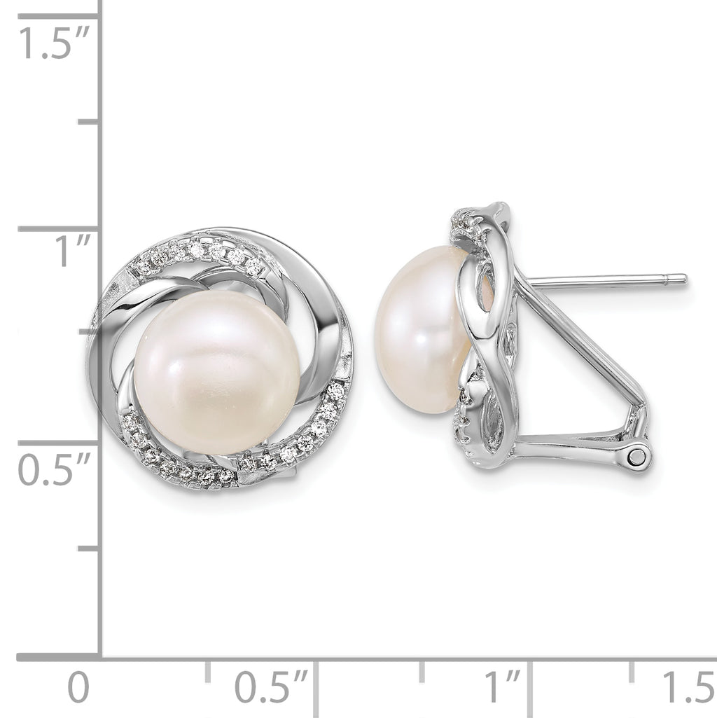 Sterling Silver Rhodium-plated 9-10mm Button White Freshwater Cultured Pearl and CZ Omega Back Earrings