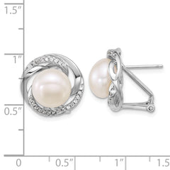 Sterling Silver Rhodium-plated 9-10mm Button White Freshwater Cultured Pearl and CZ Omega Back Earrings