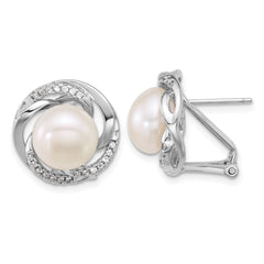 Sterling Silver Rhodium-plated 9-10mm Button White Freshwater Cultured Pearl and CZ Omega Back Earrings