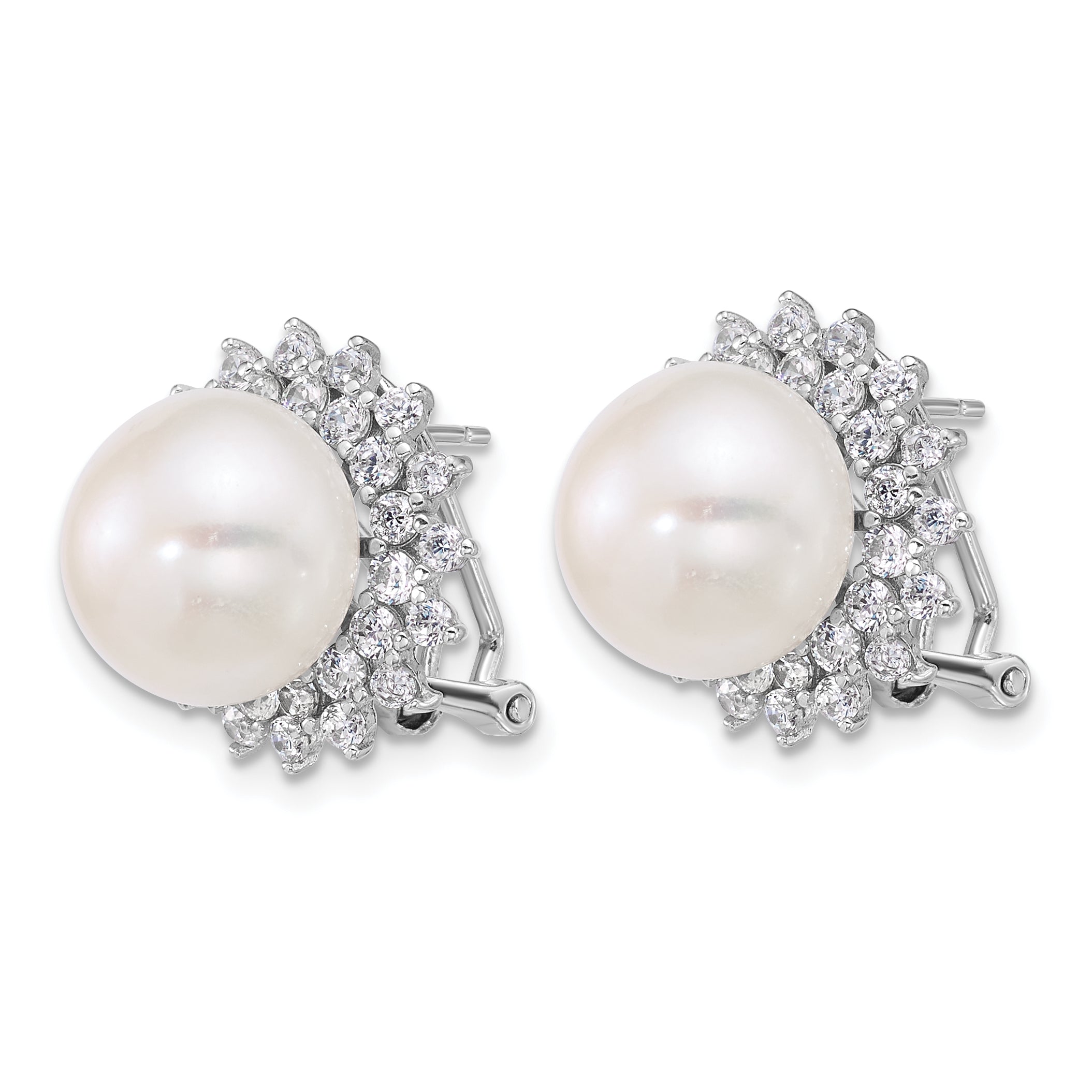 Sterling Silver Rhodium-plated 11-12mm Button White Freshwater Cultured Pearl and CZ Halo Omega Back Earrings Secondary image
