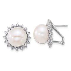 Sterling Silver Rhodium-plated 11-12mm Button White Freshwater Cultured Pearl and CZ Halo Omega Back Earrings