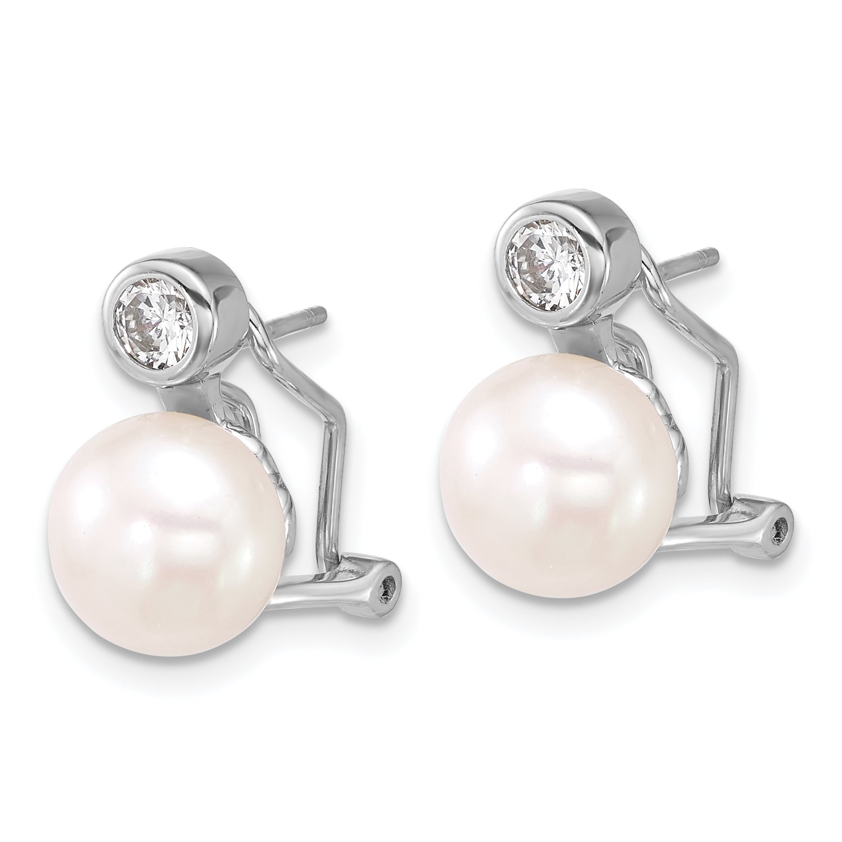 Sterling Silver Rhodium-plated 8-9mm Button White Freshwater Cultured Pearl and CZ Omega Back Earrings Secondary image