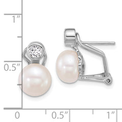 Sterling Silver Rhodium-plated 8-9mm Button White Freshwater Cultured Pearl and CZ Omega Back Earrings