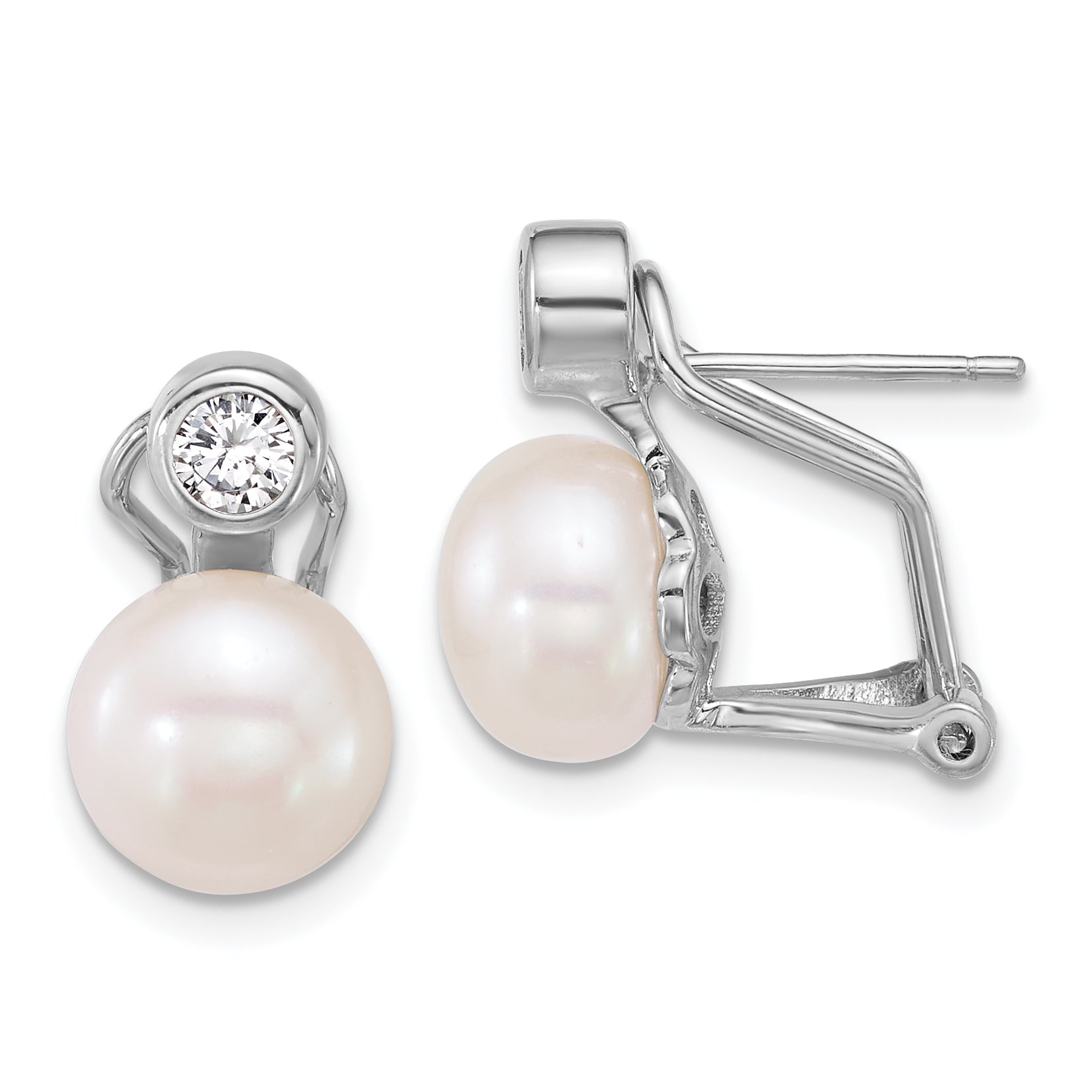 Sterling Silver Rhodium-plated 8-9mm Button White Freshwater Cultured Pearl and CZ Omega Back Earrings Main image