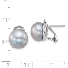Sterling Silver Rhodium-plated 11-12mm Button Grey Freshwater Cultured Pearl Omega Back Earrings