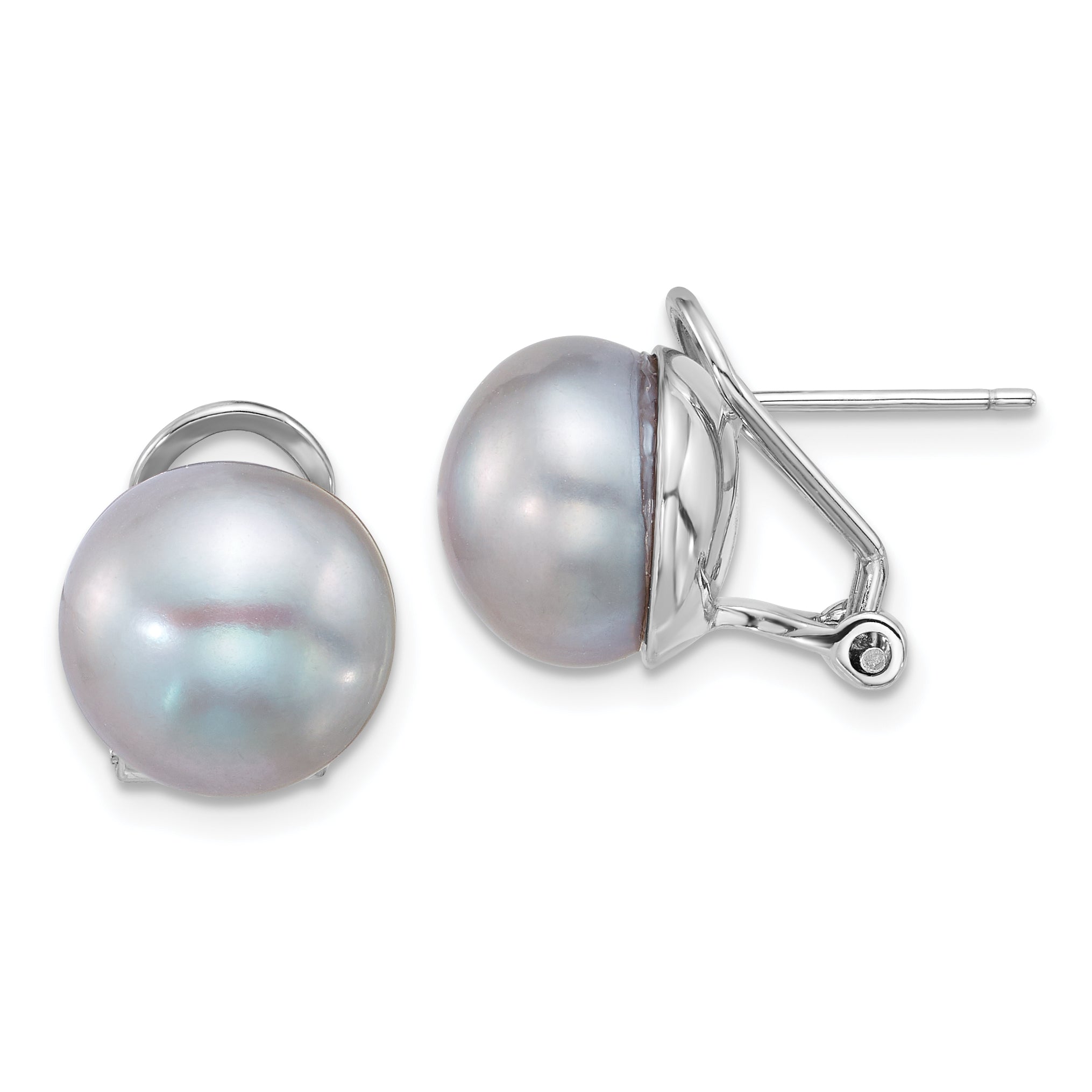 Sterling Silver Rhodium-plated 11-12mm Button Grey Freshwater Cultured Pearl Omega Back Earrings Main image