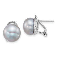 Sterling Silver Rhodium-plated 11-12mm Button Grey Freshwater Cultured Pearl Omega Back Earrings
