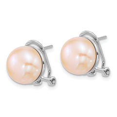 Sterling Silver Rhodium-plated 11-12mm Button Pink Freshwater Cultured Pearl Omega Back Earrings