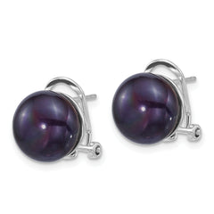 Sterling Silver Rhodium-plated 11-12mm Button Black Freshwater Cultured Pearl Omega Back Earrings