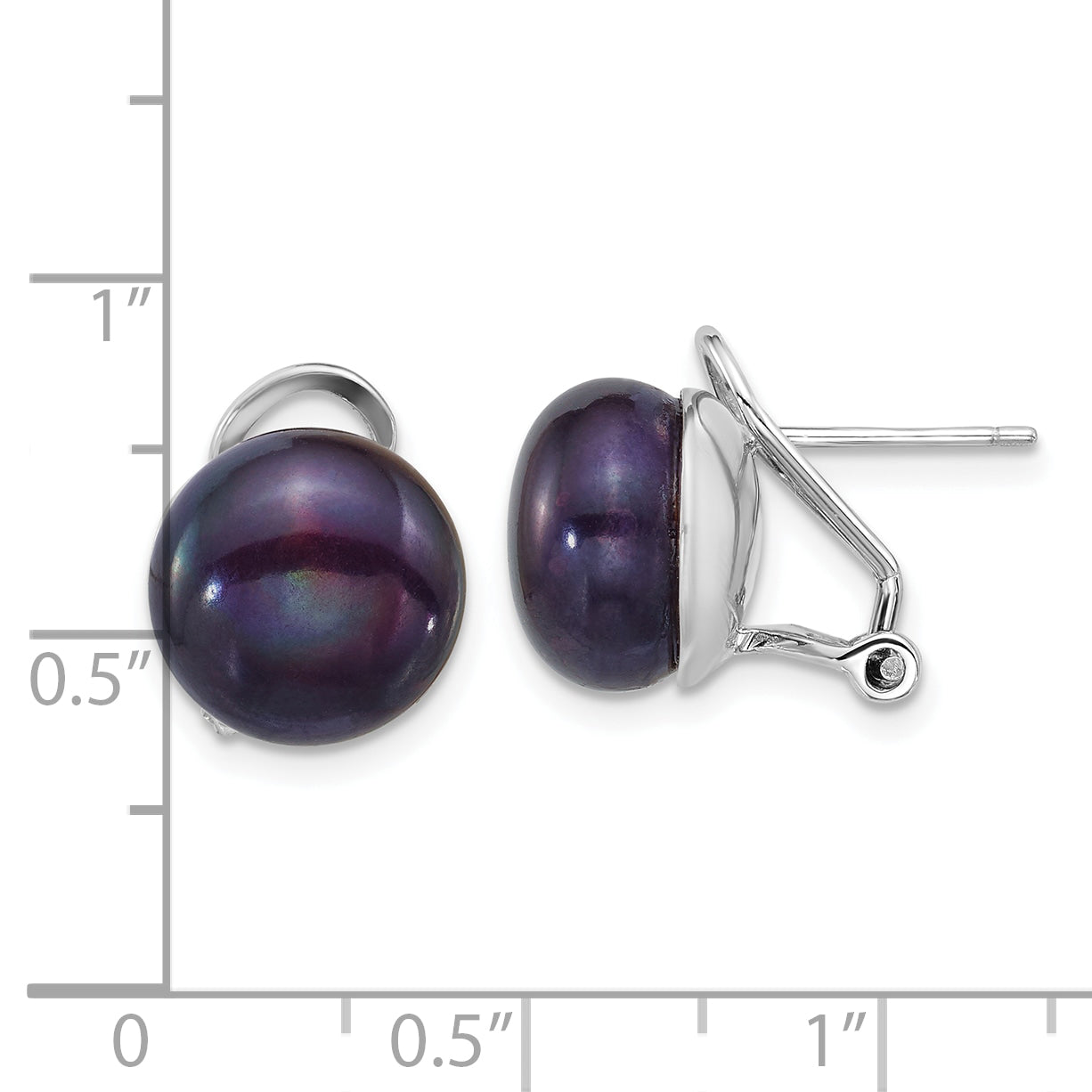 Sterling Silver Rhodium-plated 11-12mm Button Black Freshwater Cultured Pearl Omega Back Earrings
