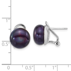 Sterling Silver Rhodium-plated 11-12mm Button Black Freshwater Cultured Pearl Omega Back Earrings