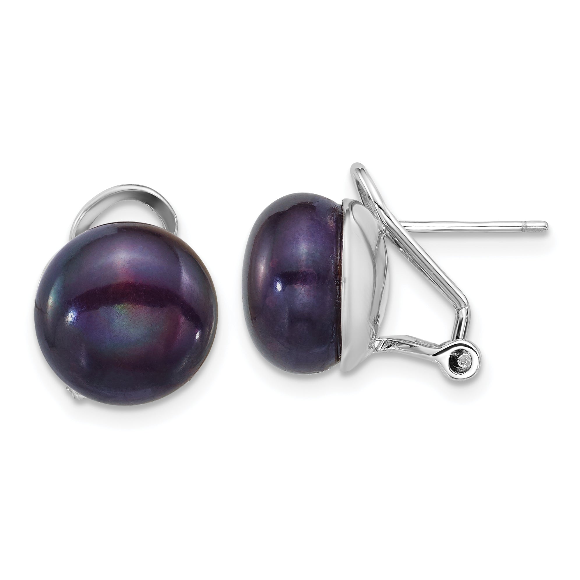 Sterling Silver Rhodium-plated 11-12mm Button Black Freshwater Cultured Pearl Omega Back Earrings