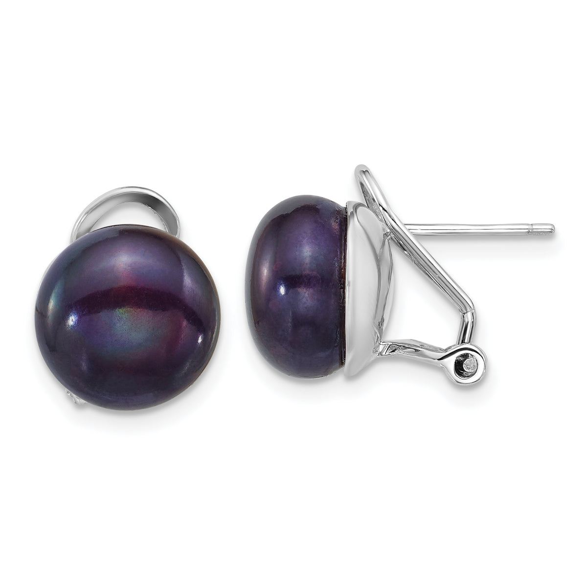 Sterling Silver Rhodium-plated 11-12mm Button Black Freshwater Cultured Pearl Omega Back Earrings
