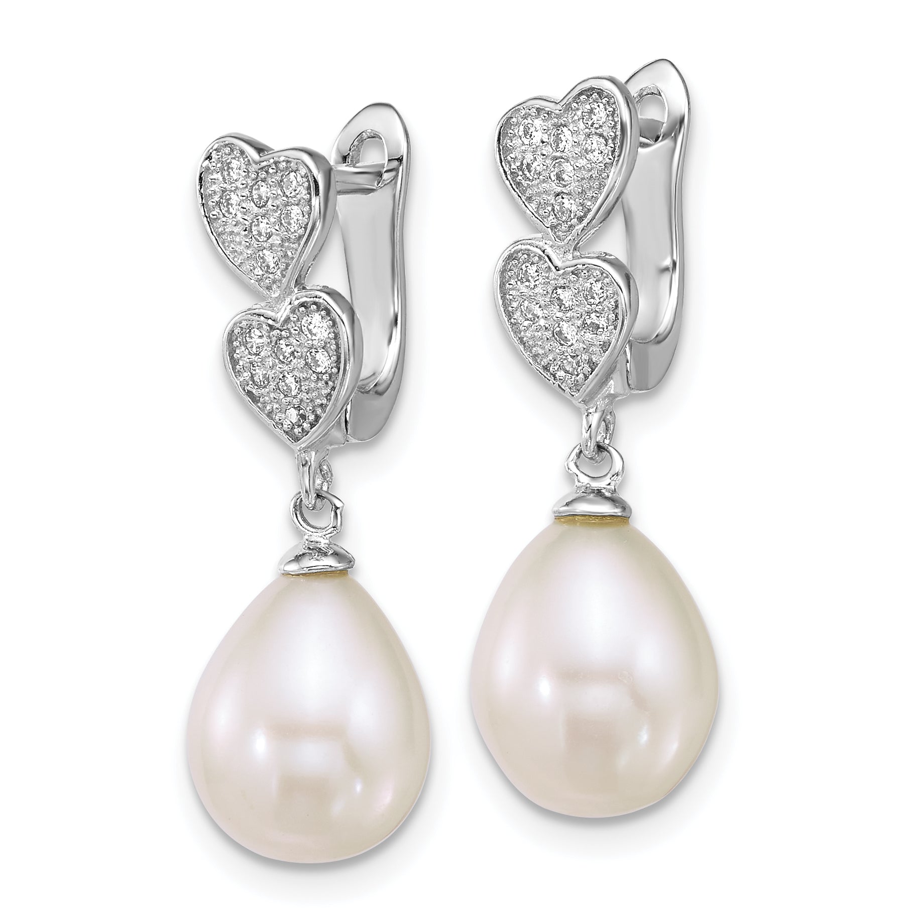 Sterling Silver Rhodium-plated 7-9mm Teardrop White Freshwater Cultured Pearl and CZ Hearts Dangle Earrings