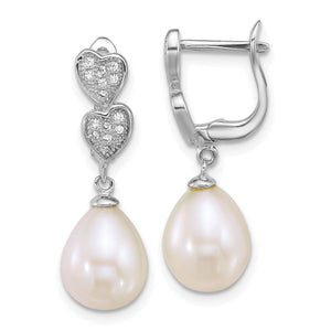 Sterling Silver Rhodium-plated 7-9mm Teardrop White Freshwater Cultured Pearl and CZ Hearts Dangle Earrings