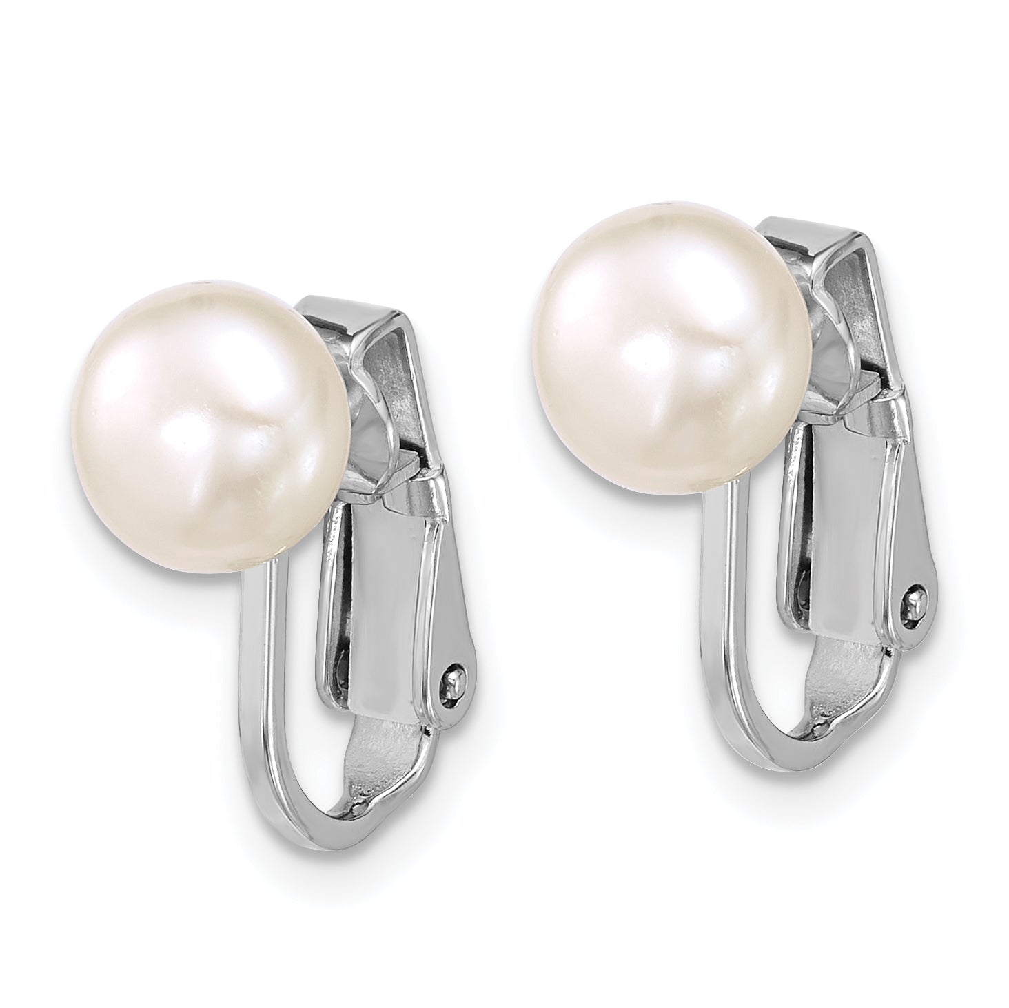 Sterling Silver Rhodium-plated 7-8mm Button White Freshwater Cultured Pearl Non-Pierced Earrings Secondary image
