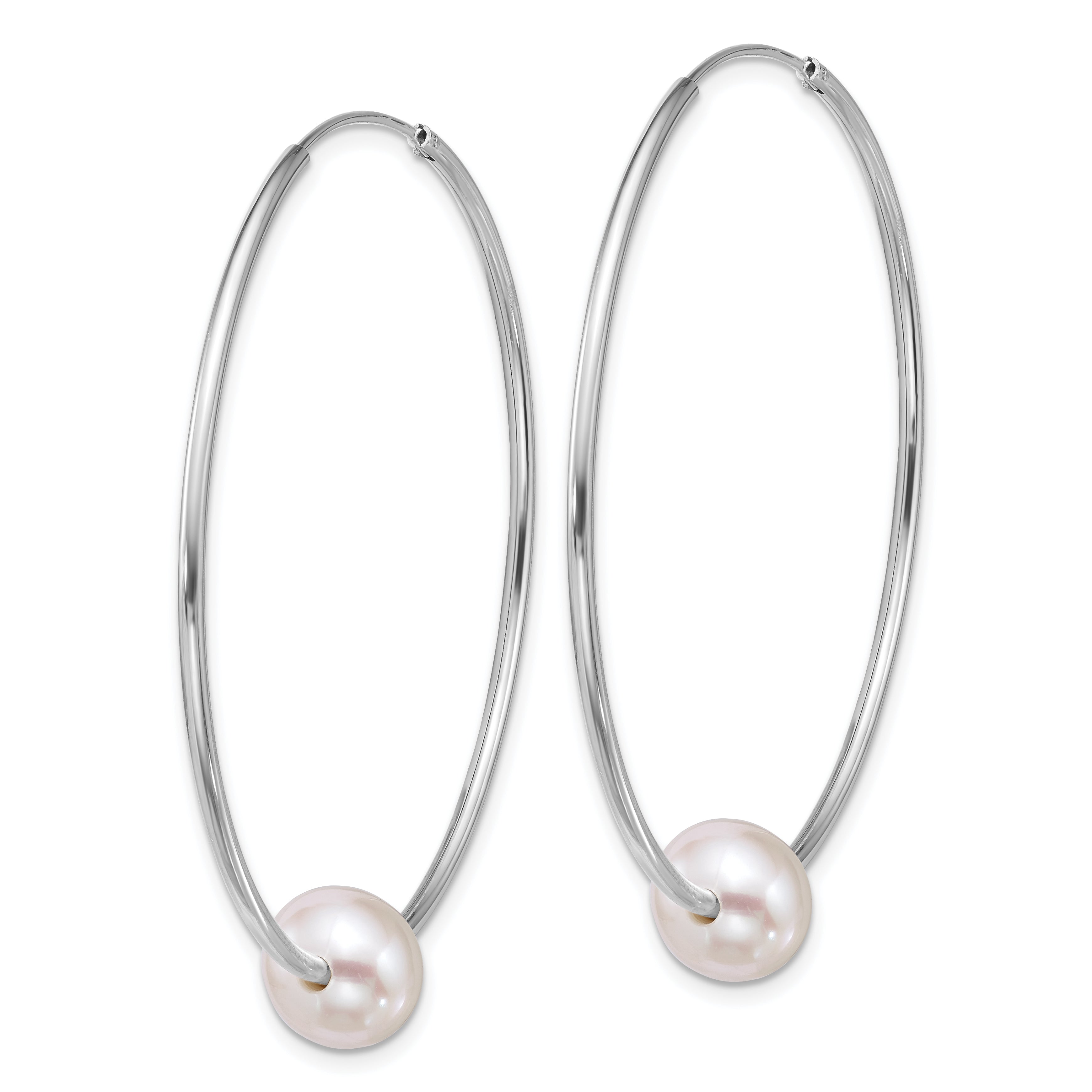 Sterling Silver Rhodium-plated 8-9mm Semi-Round White Freshwater Cultured Pearl 50mm Endless Hoop Earrings