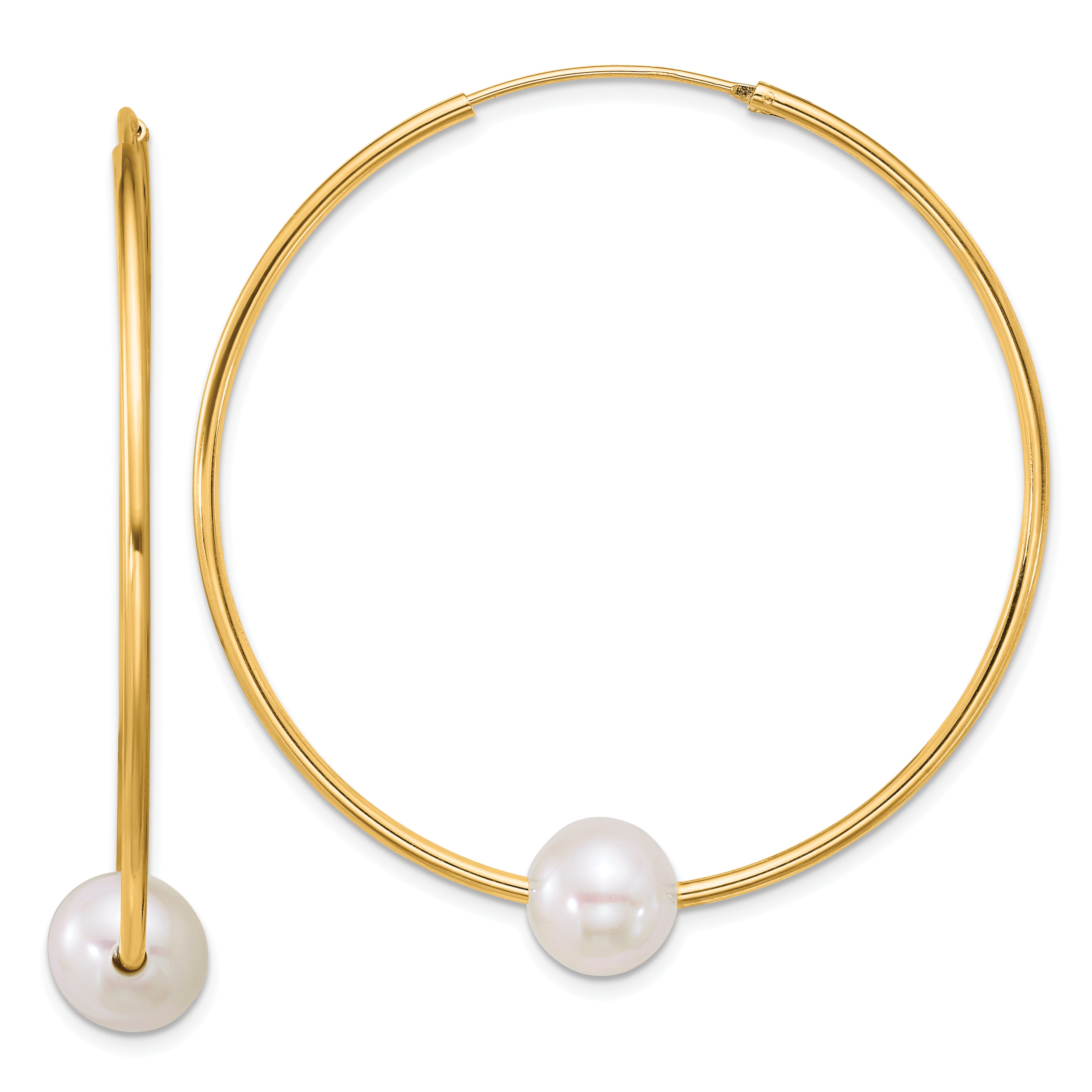 Sterling Silver Gold-plated 8-9mm Semi-Round White Freshwater Cultured Pearl 50mm Endless Hoop Earrings