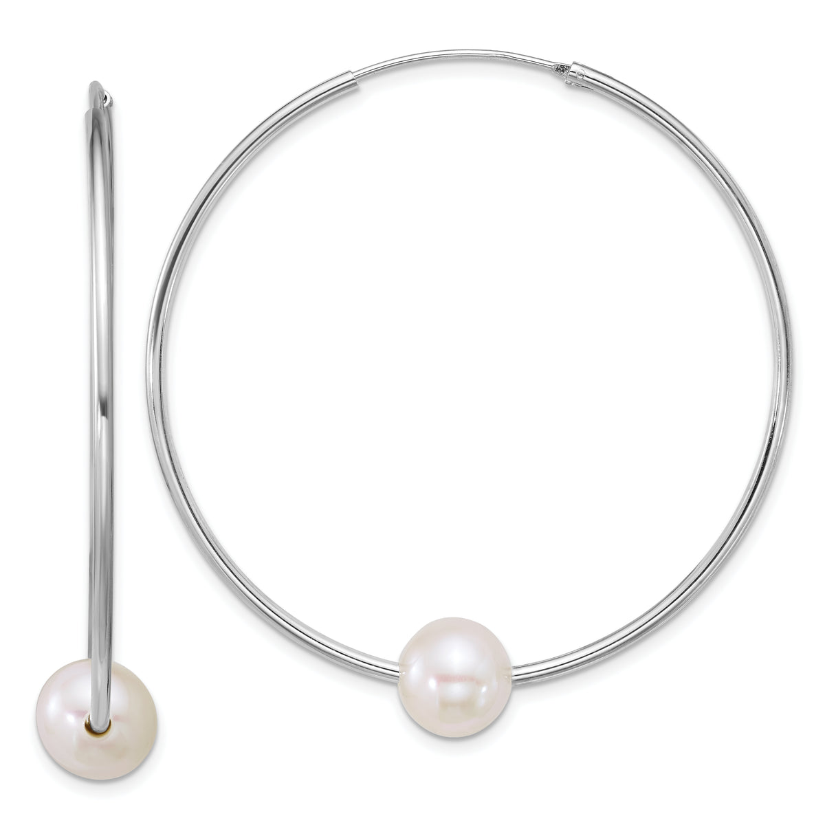 Sterling Silver Rhodium-plated 8-9mm Semi-Round White Freshwater Cultured Pearl 50mm Endless Hoop Earrings