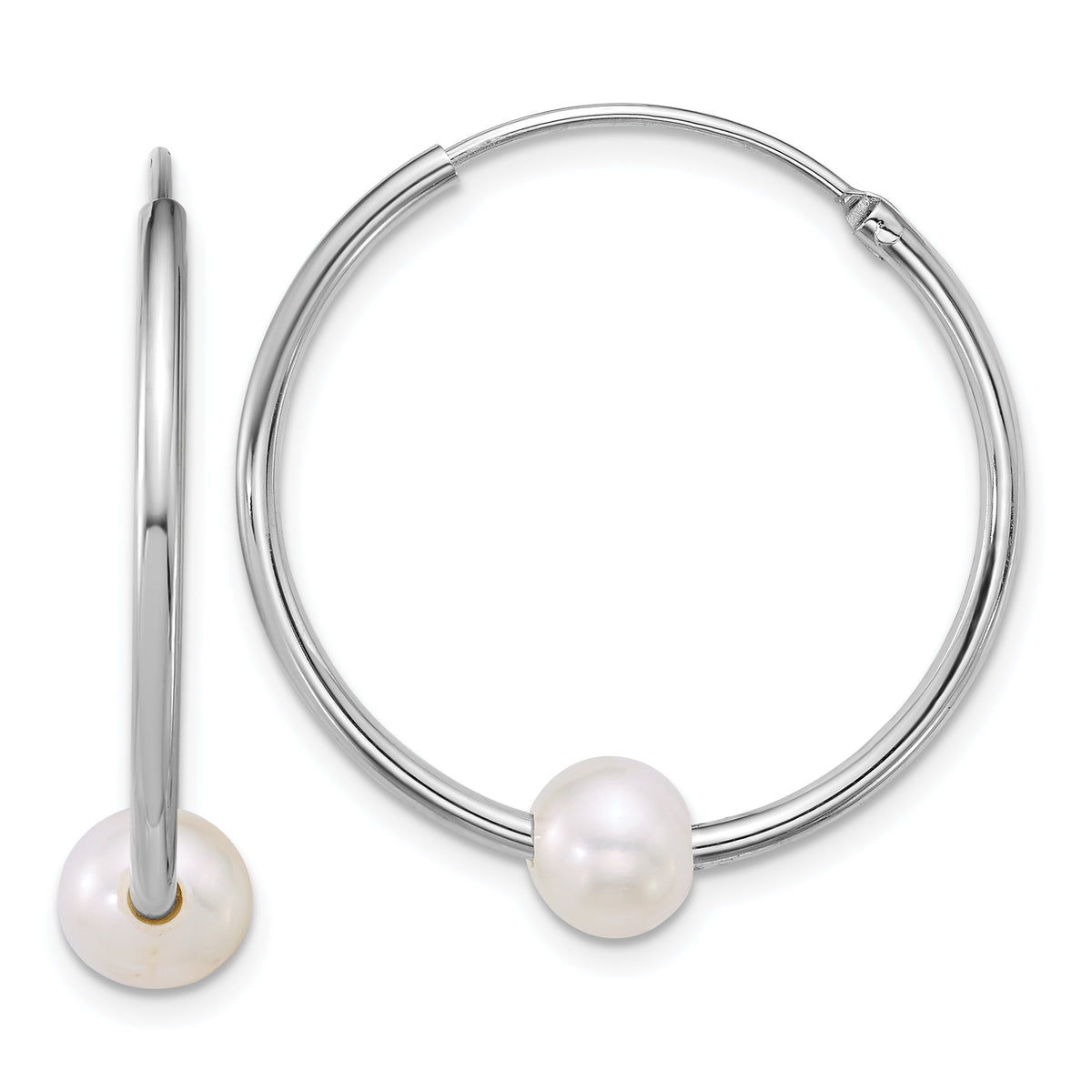Sterling Silver Rhodium-plated 7-8mm Semi-Round White Freshwater Cultured Pearl 30mm Endless Hoop Earrings
