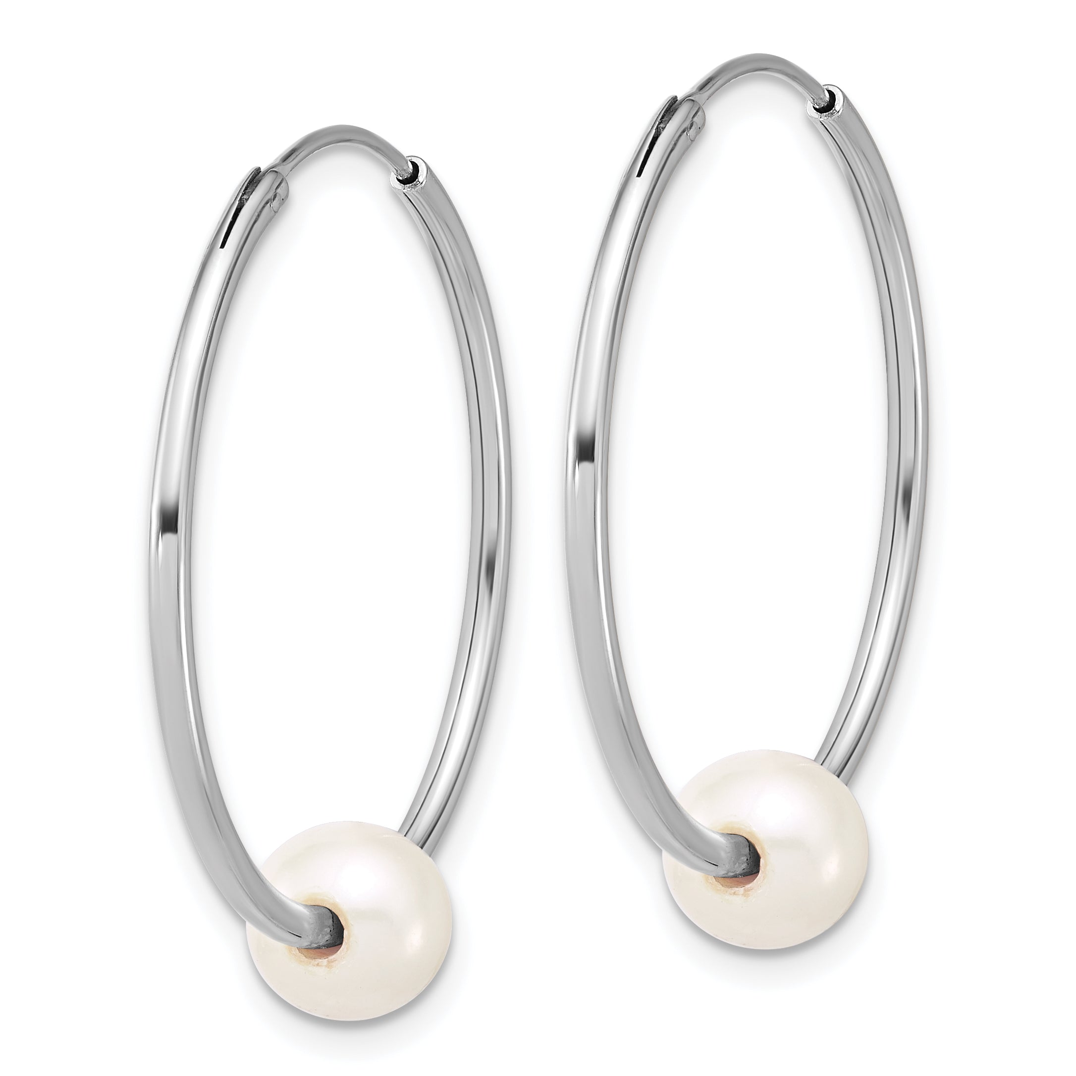 Sterling Silver Rhodium-plated 7-8mm Semi-Round White Freshwater Cultured Pearl 32mm Endless Hoop Earrings
