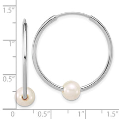 Sterling Silver Rhodium-plated 7-8mm Semi-Round White Freshwater Cultured Pearl 32mm Endless Hoop Earrings