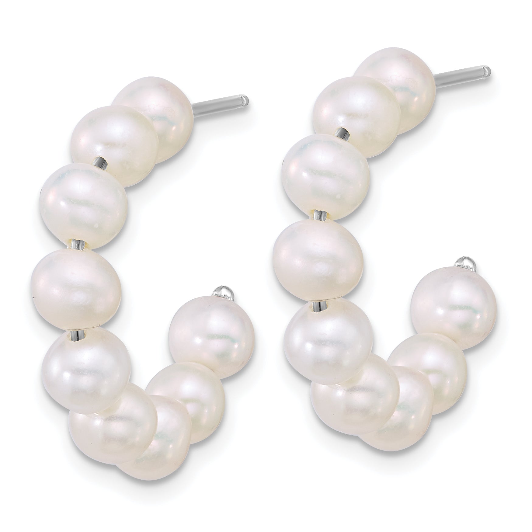 Sterling Silver Rhodium-plated 5-6mm Semi-Round White Freshwater Cultured Pearl C-Hoop Post Earrings