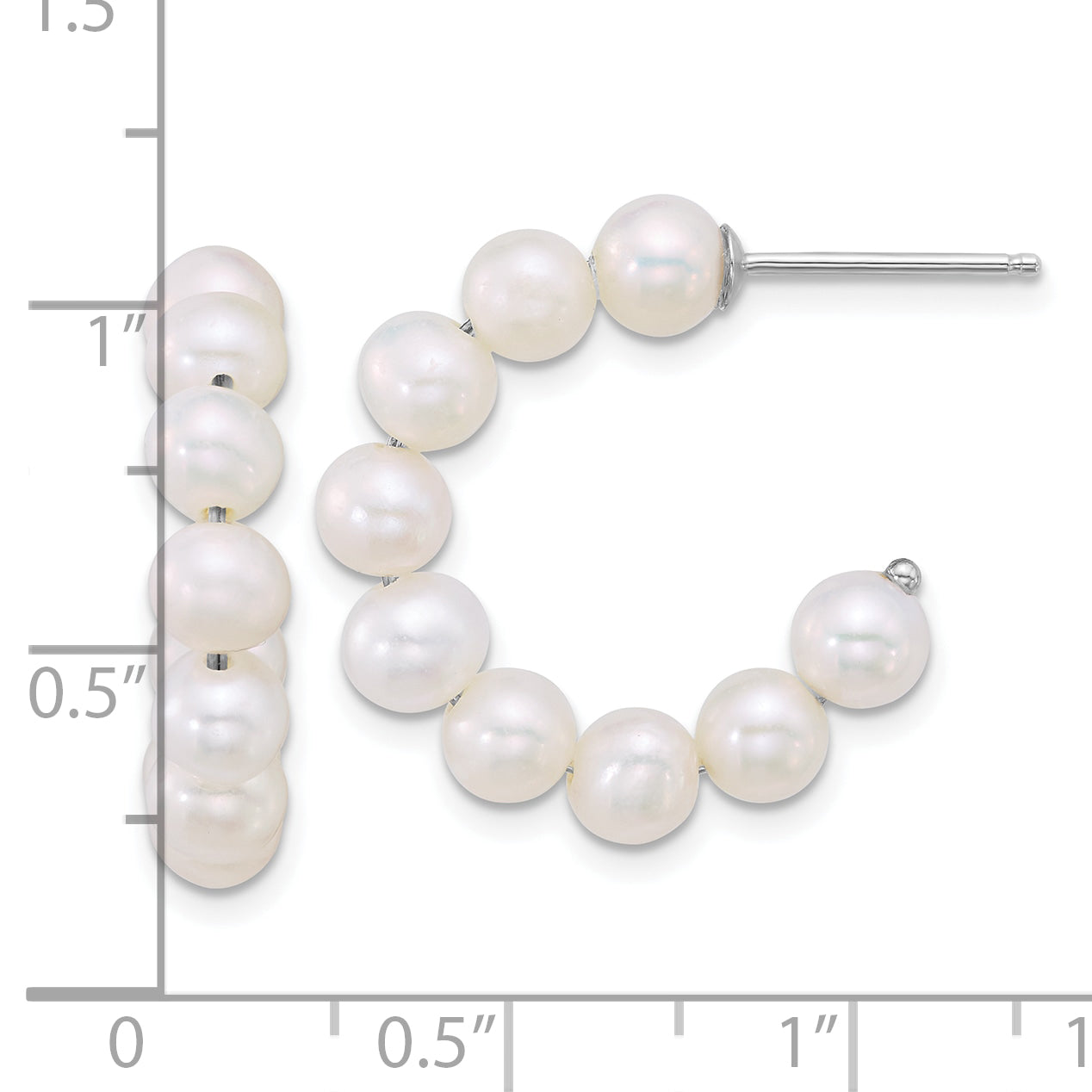 Sterling Silver Rhodium-plated 5-6mm Semi-Round White Freshwater Cultured Pearl C-Hoop Post Earrings