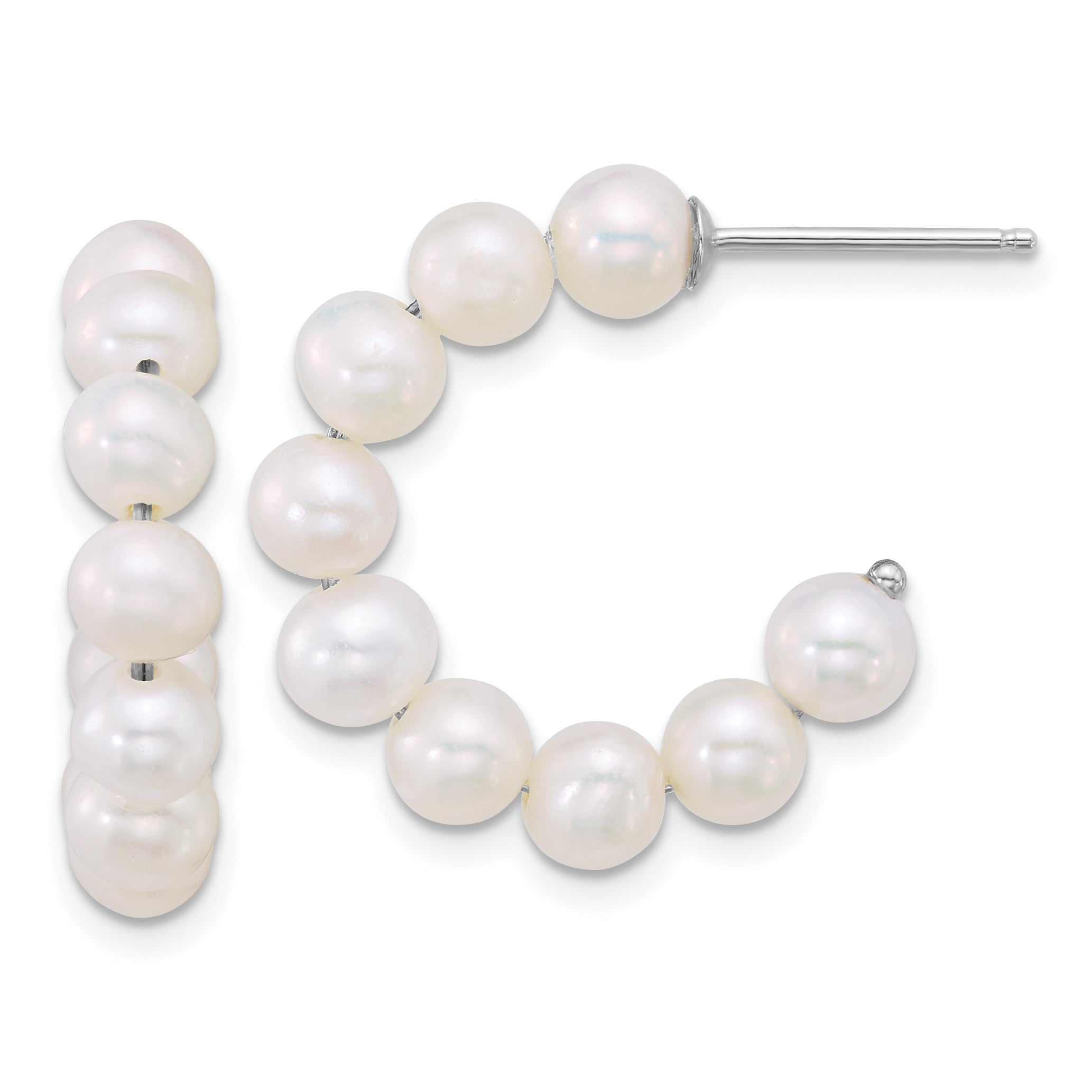 Sterling Silver Rhodium-plated 5-6mm Semi-Round White Freshwater Cultured Pearl C-Hoop Post Earrings