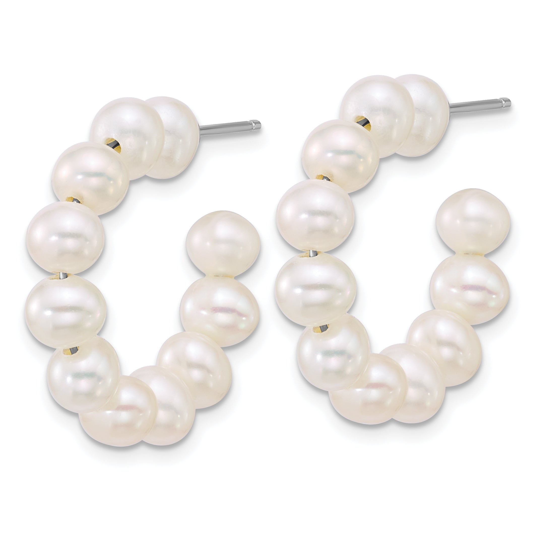 Sterling Silver Rhodium-plated 5-6mm Semi-Round White Freshwater Cultured Pearl C-Hoop Post Earrings Secondary image