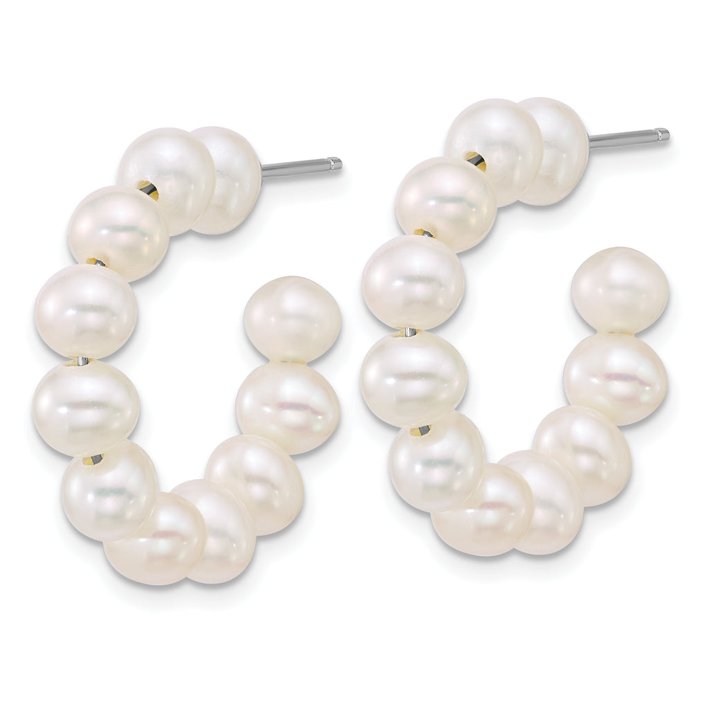 Sterling Silver Rhodium-plated 5-6mm Semi-Round White Freshwater Cultured Pearl C-Hoop Post Earrings