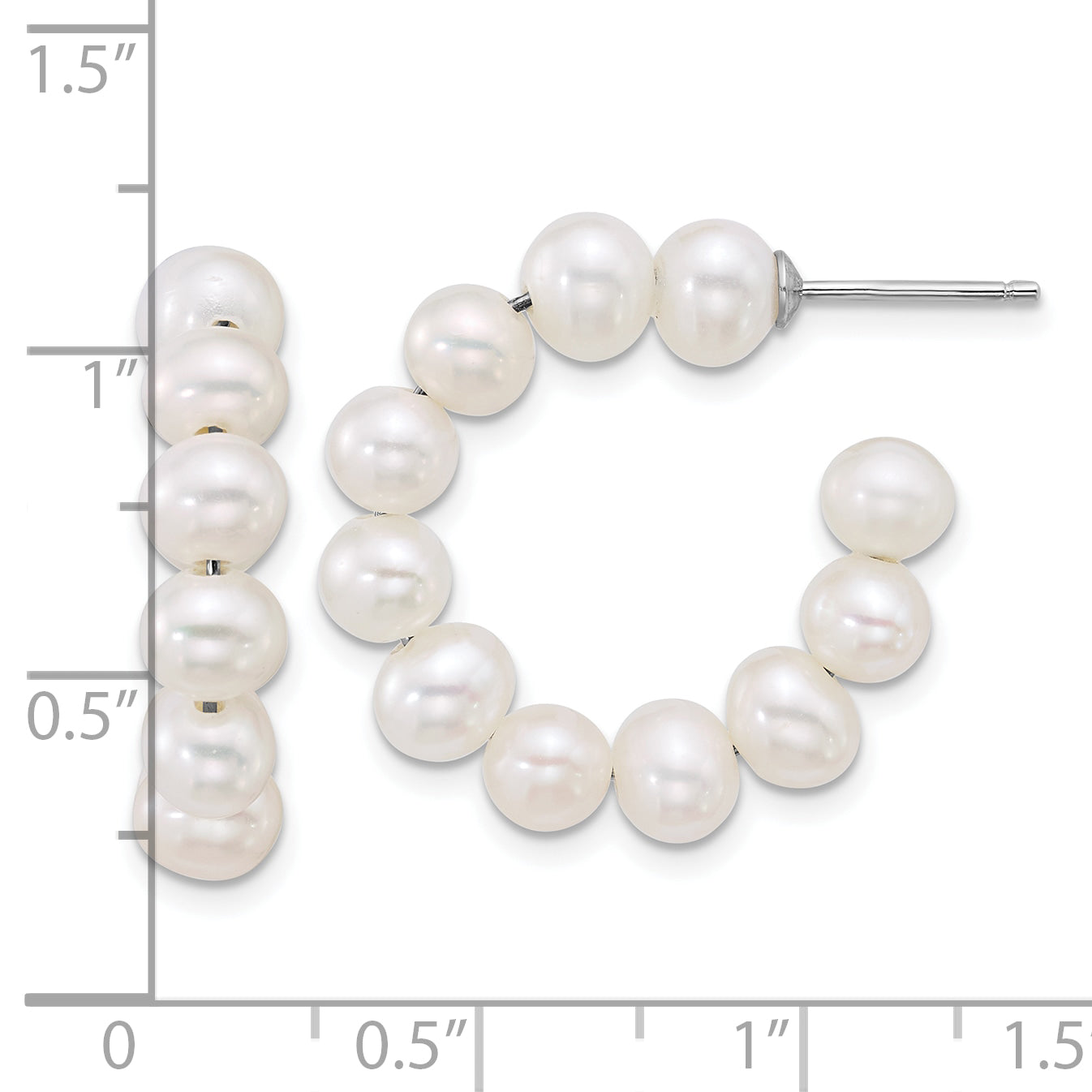 Sterling Silver Rhodium-plated 5-6mm Semi-Round White Freshwater Cultured Pearl C-Hoop Post Earrings