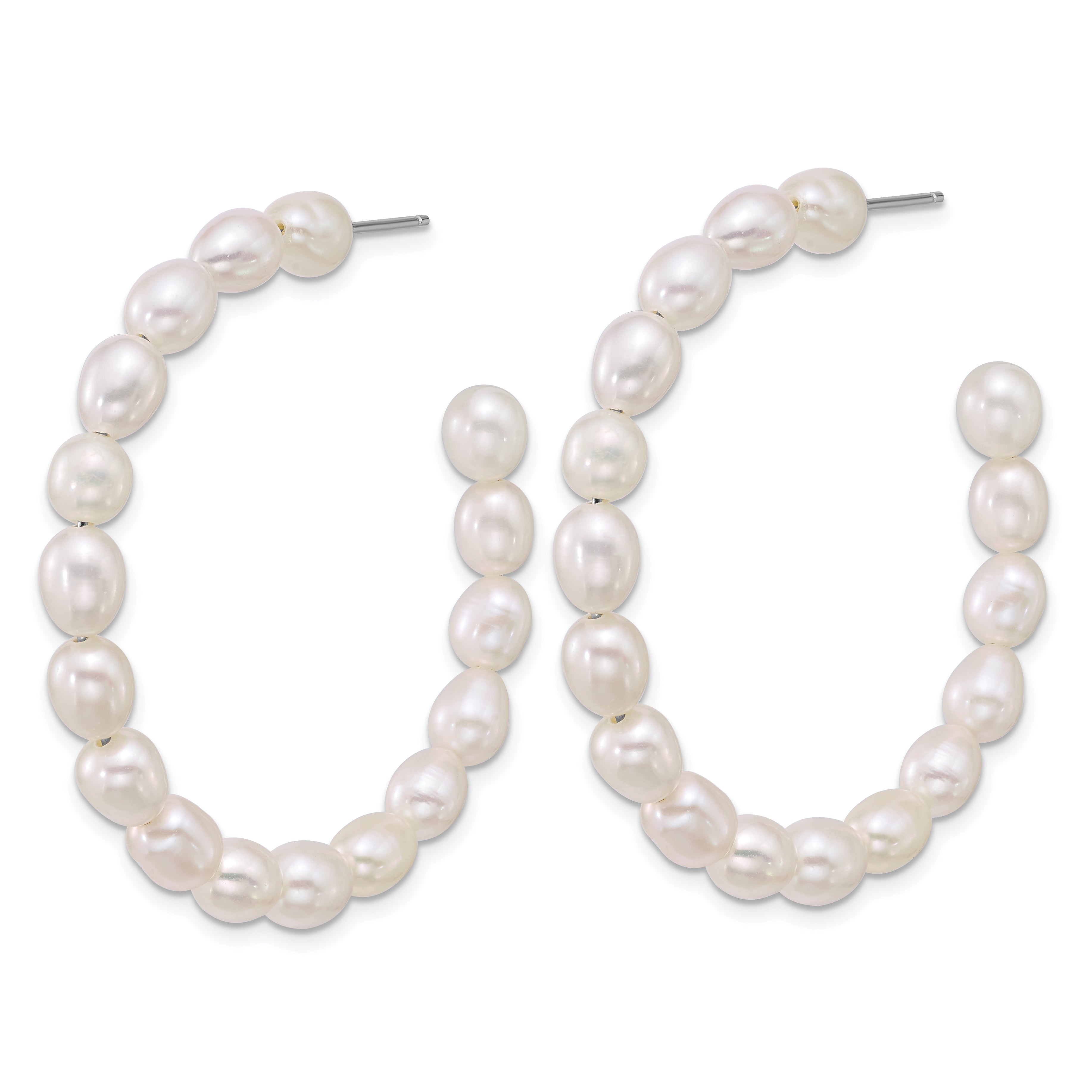 Sterling Silver Rhodium-plated 5-6mm Rice White Freshwater Cultured Pearl C-Hoop Post Earrings Secondary image