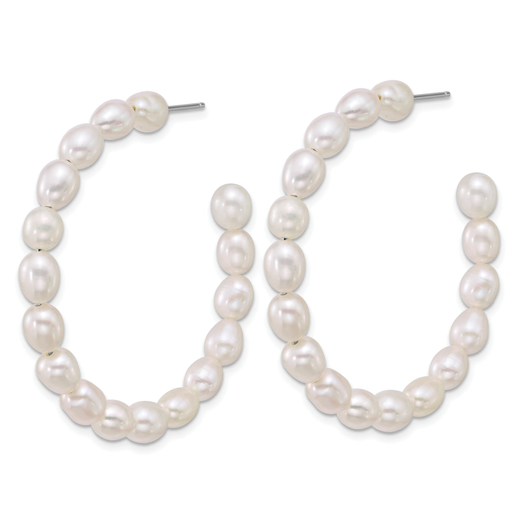 Sterling Silver Rhodium-plated 5-6mm Rice White Freshwater Cultured Pearl C-Hoop Post Earrings