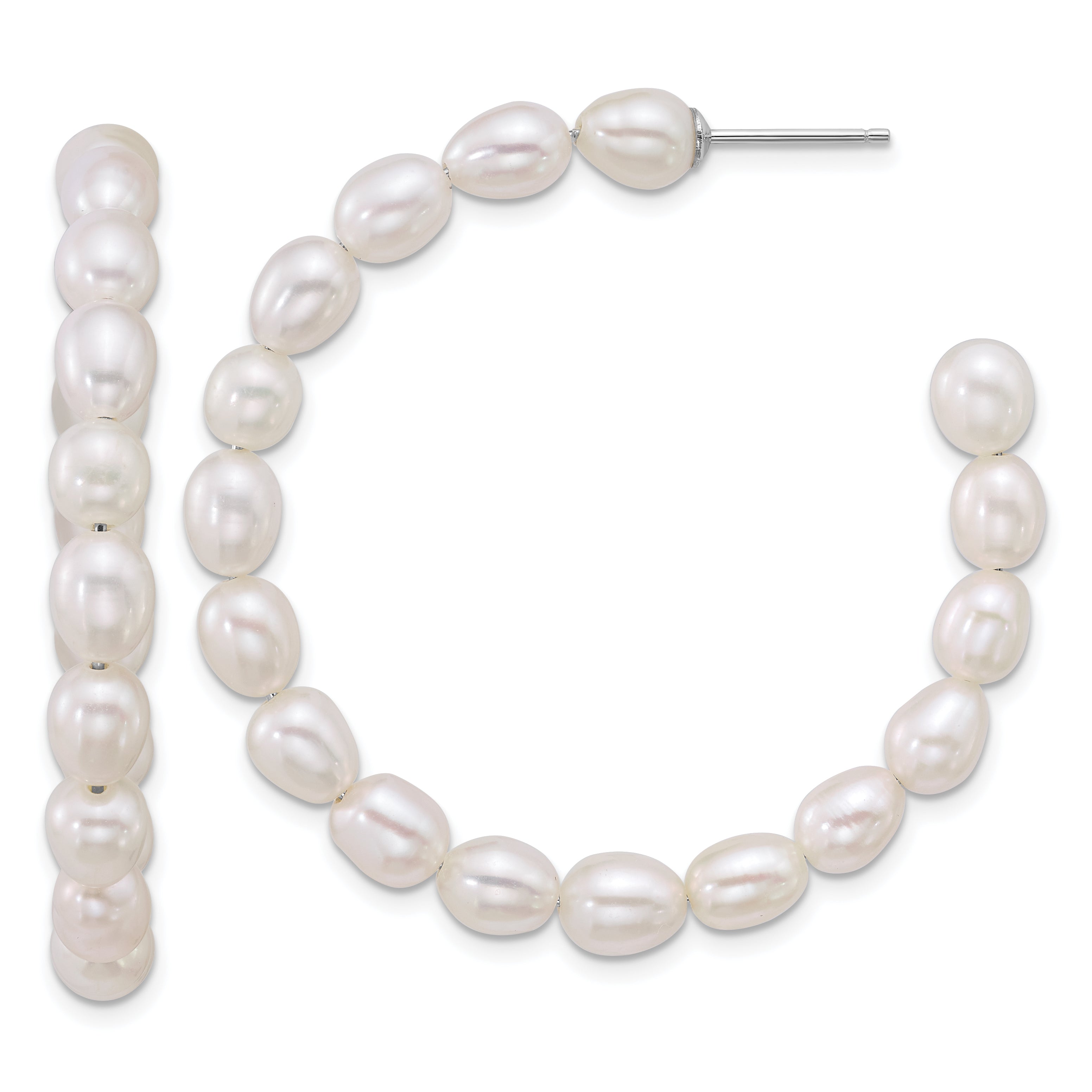 Sterling Silver Rhodium-plated 5-6mm Rice White Freshwater Cultured Pearl C-Hoop Post Earrings Main image
