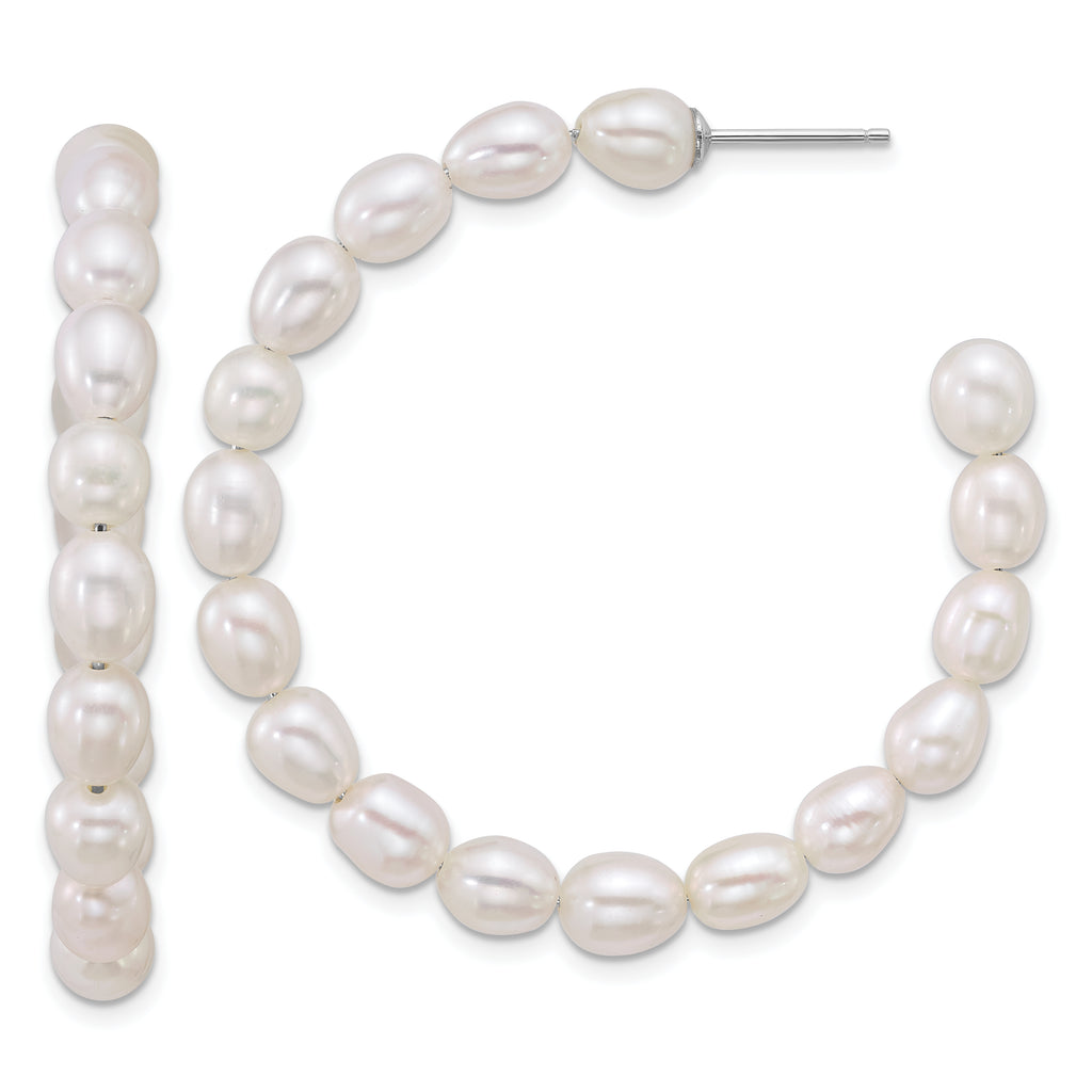 Sterling Silver Rhodium-plated 5-6mm Rice White Freshwater Cultured Pearl C-Hoop Post Earrings