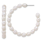 Sterling Silver Rhodium-plated 5-6mm Rice White Freshwater Cultured Pearl C-Hoop Post Earrings