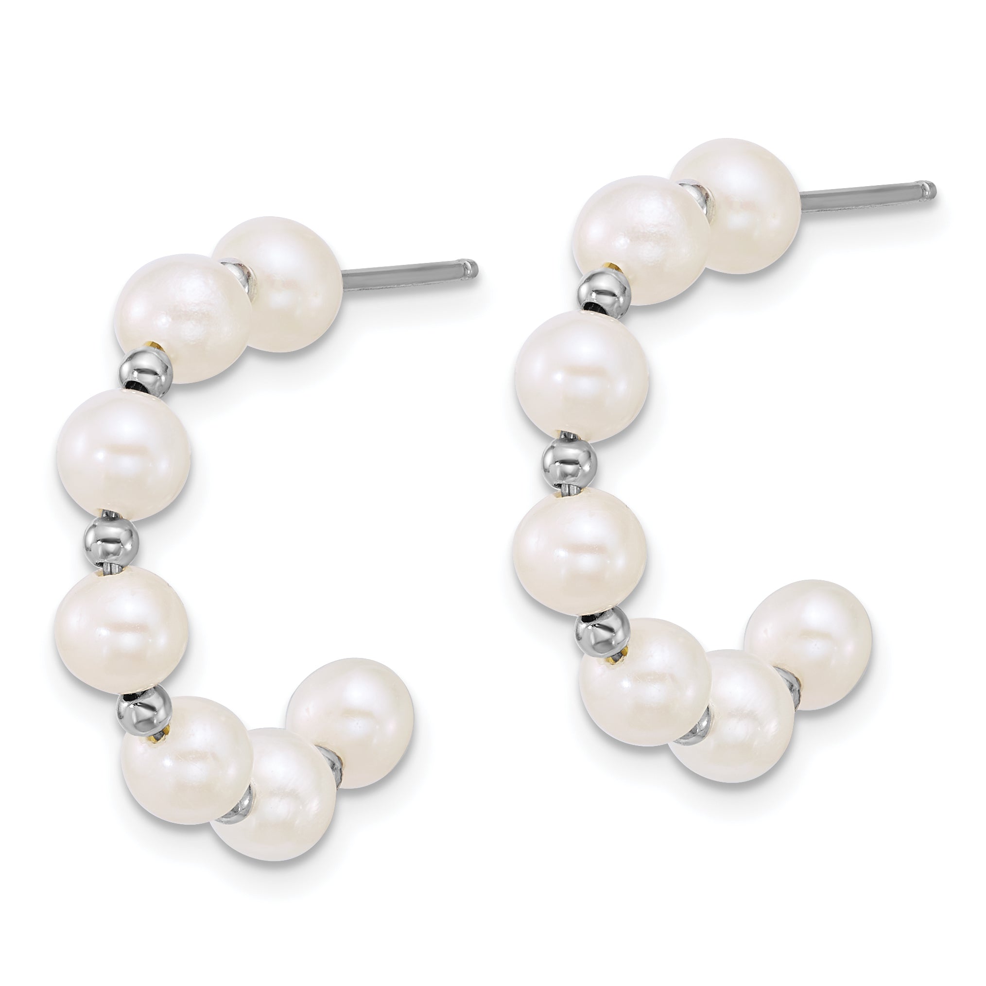 Sterling Silver Rhodium-plated 4-5mm Round White Freshwater Cultured Pearl and Bead C-Hoop Post Earrings Secondary image
