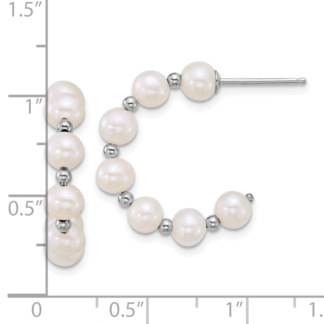 Sterling Silver Rhodium-plated 4-5mm Round White Freshwater Cultured Pearl and Bead C-Hoop Post Earrings