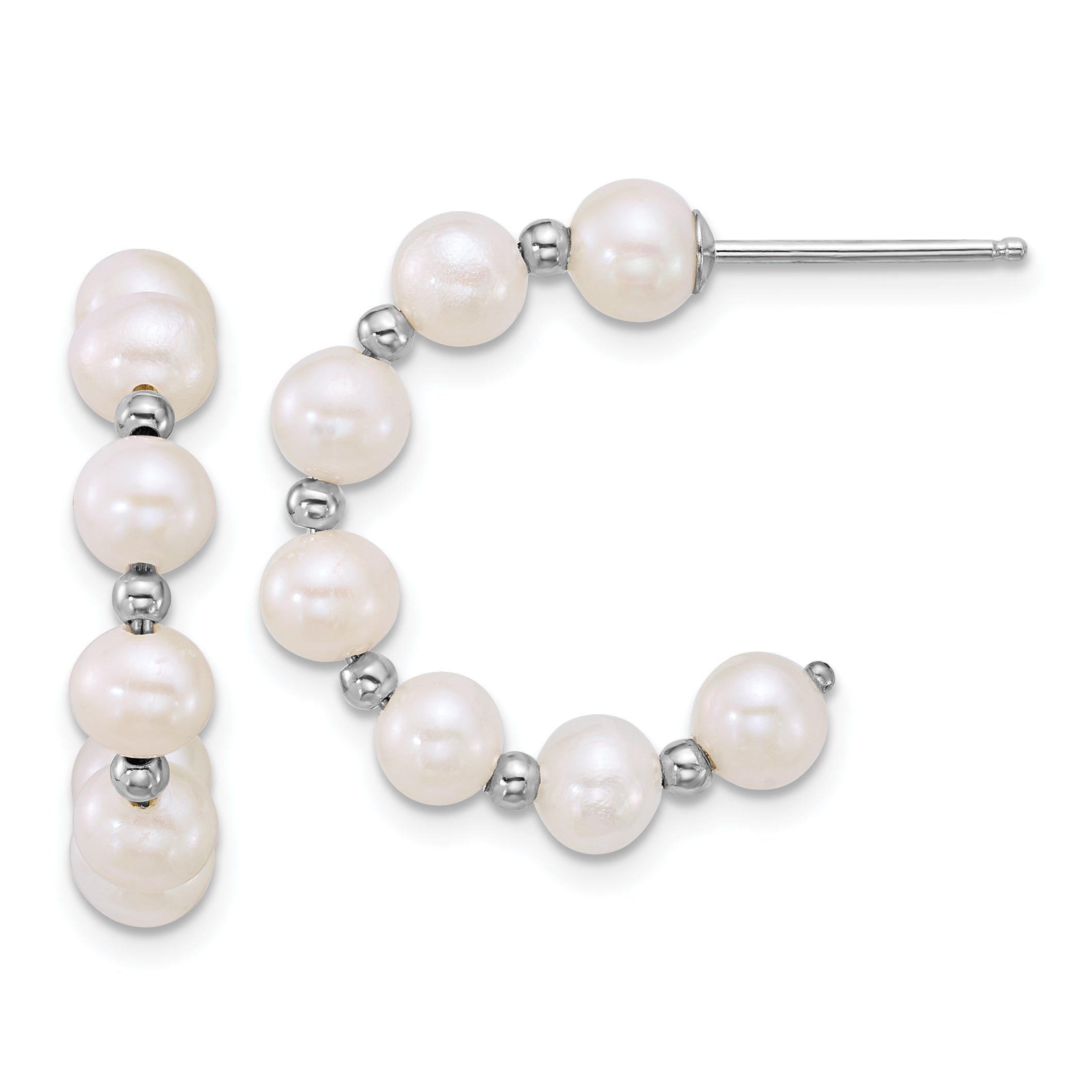 Sterling Silver Rhodium-plated 4-5mm Round White Freshwater Cultured Pearl and Bead C-Hoop Post Earrings
