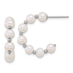 Sterling Silver Rhodium-plated 4-5mm Round White Freshwater Cultured Pearl and Bead C-Hoop Post Earrings