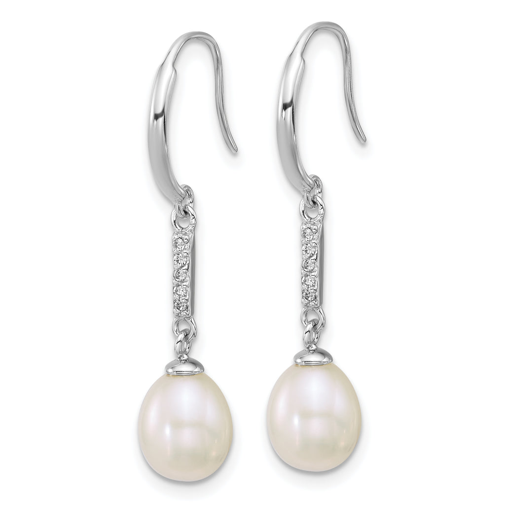 Sterling Silver Rhodium-plated 6-8mm Teardrop White Freshwater Cultured Pearl and CZ Dangle Shepherd Hook Earrings